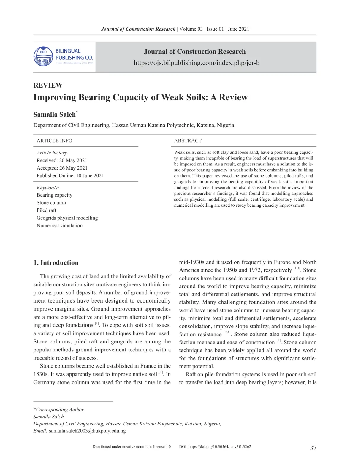 غلاف تقرير Improving Bearing Capacity of Weak Soils: A Review