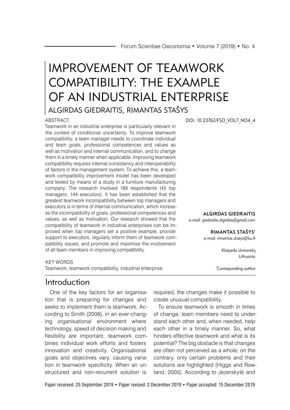غلاف تقرير IMPROVEMENT OF TEAMWORK COMPATIBILITY: THE EXAMPLE OF AN INDUSTRIAL ENTERPRISE