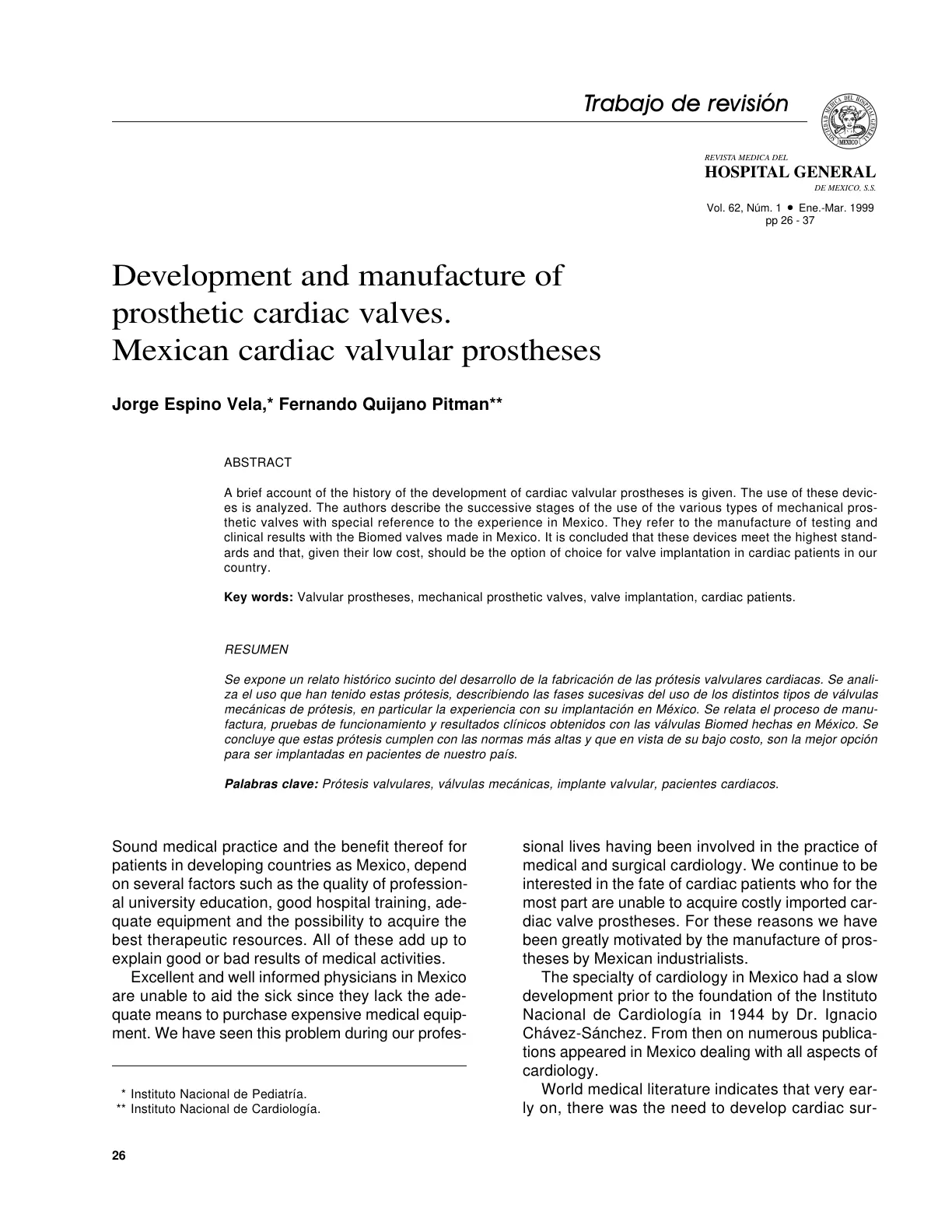 غلاف تقرير Development and manufacture of prosthetic cardiac valves. Mexican cardiac valvular prostheses