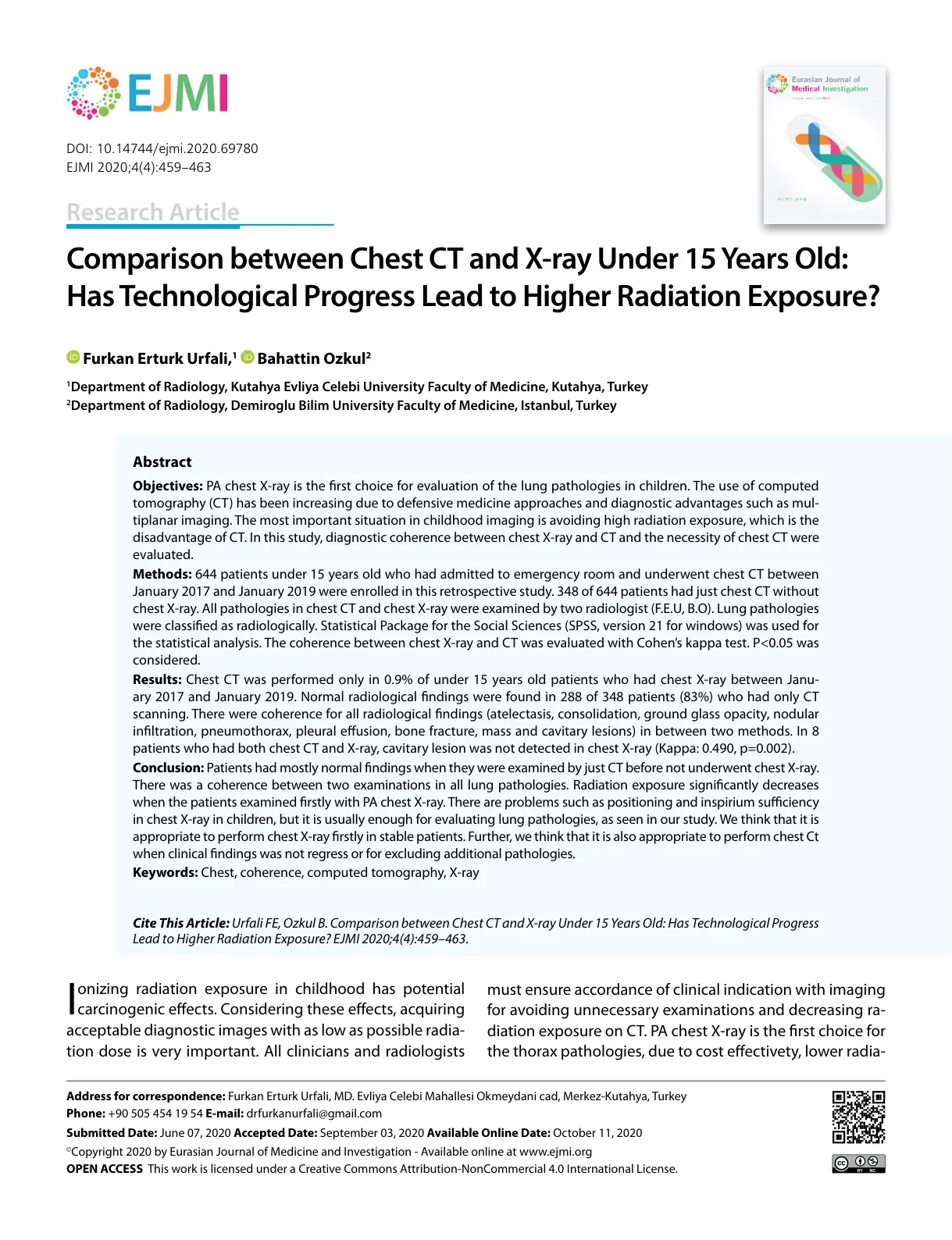 غلاف تقرير Comparison Between Chest CT and X-ray Under 15 Years Old: Has Technological Progress Lead to Higher Radiation Exposure?