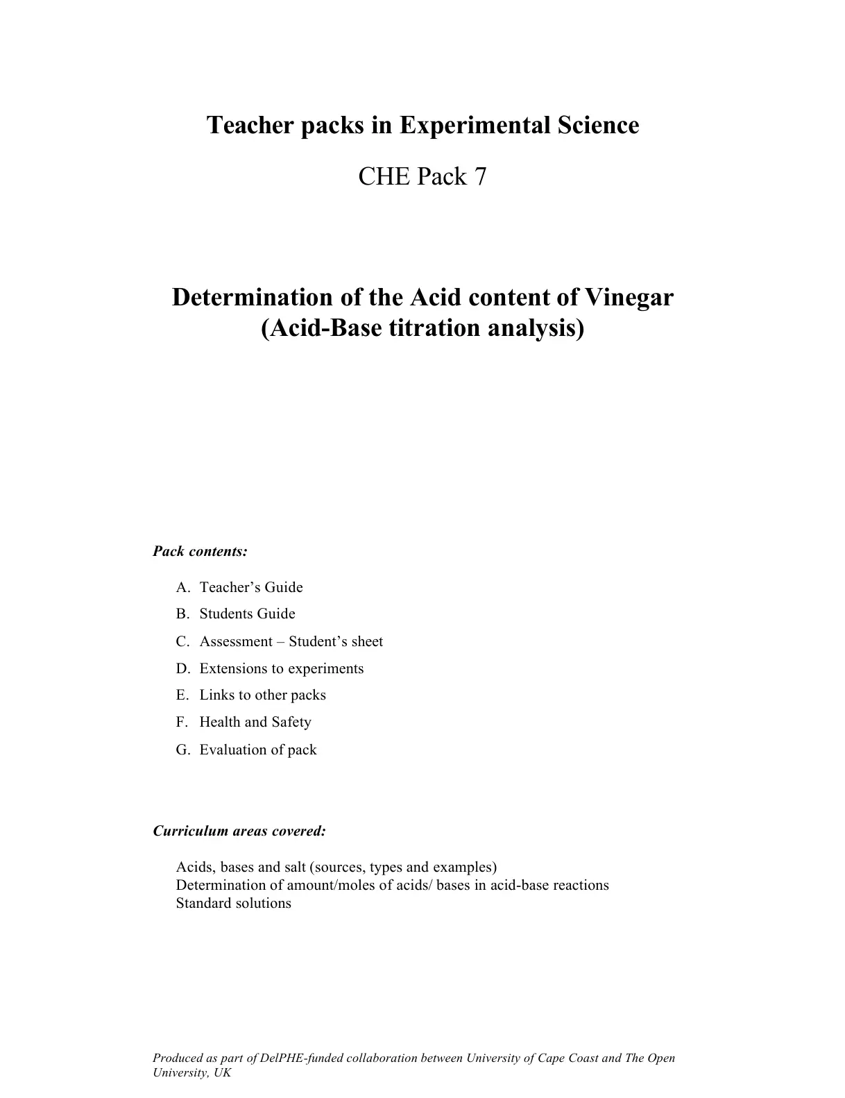غلاف تقرير Teacher Packs in Experimental Science CHE Pack 7: Determination of the Acid Content of Vinegar (Acid-Base Titration Analysis)