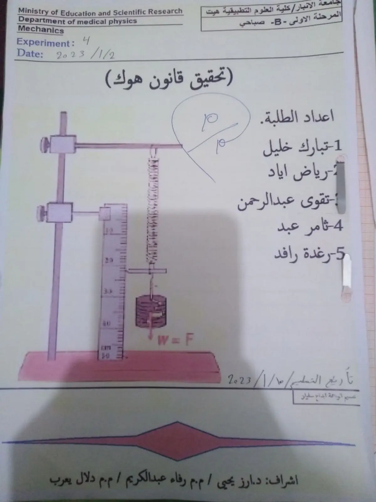 غلاف تقرير Mechanics Experiment: (تحقيق قانون هوك)