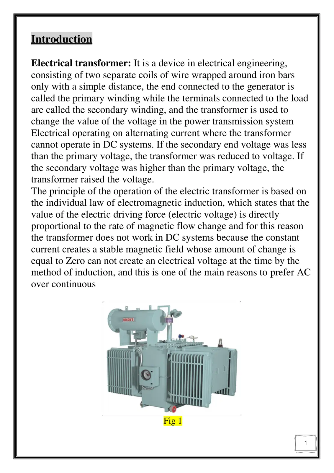 غلاف تقرير Introduction to Electrical Transformers