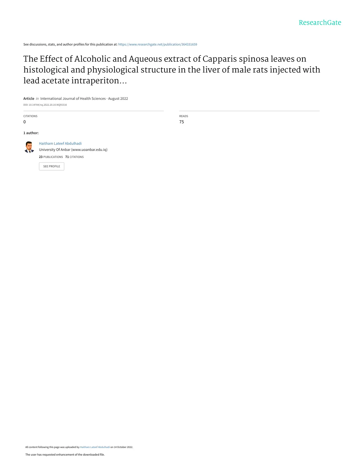 غلاف تقرير The Effect of Alcoholic and Aqueous extract of Capparis spinosa leaves on histological and physiological structure in the liver of male rats injected with lead acetate
