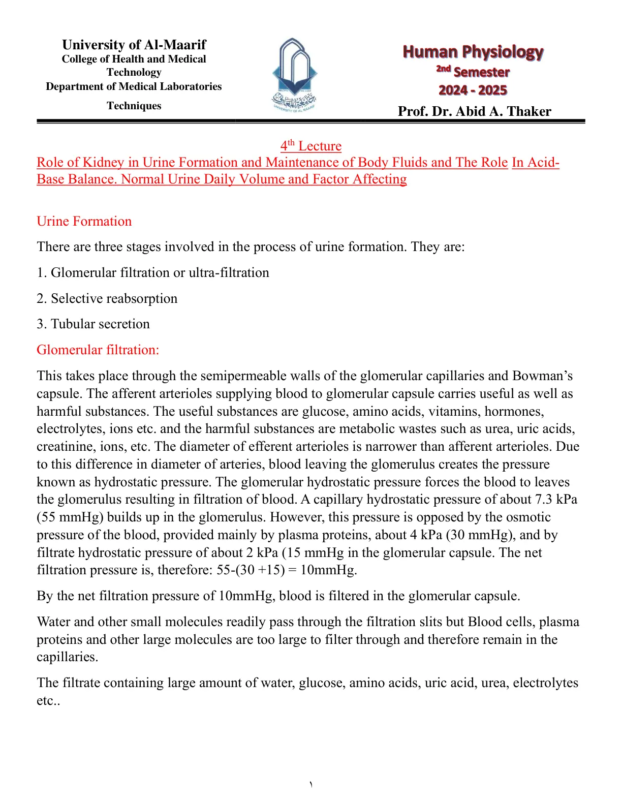 غلاف تقرير Role of Kidney in Urine Formation and Maintenance of Body Fluids and The Role In Acid-Base Balance