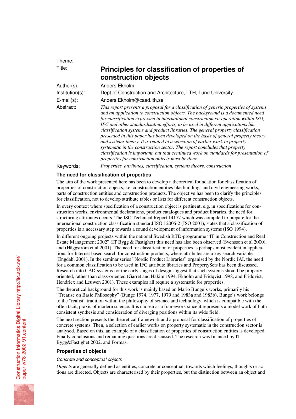 غلاف تقرير Principles for Classification of Properties of Construction Objects