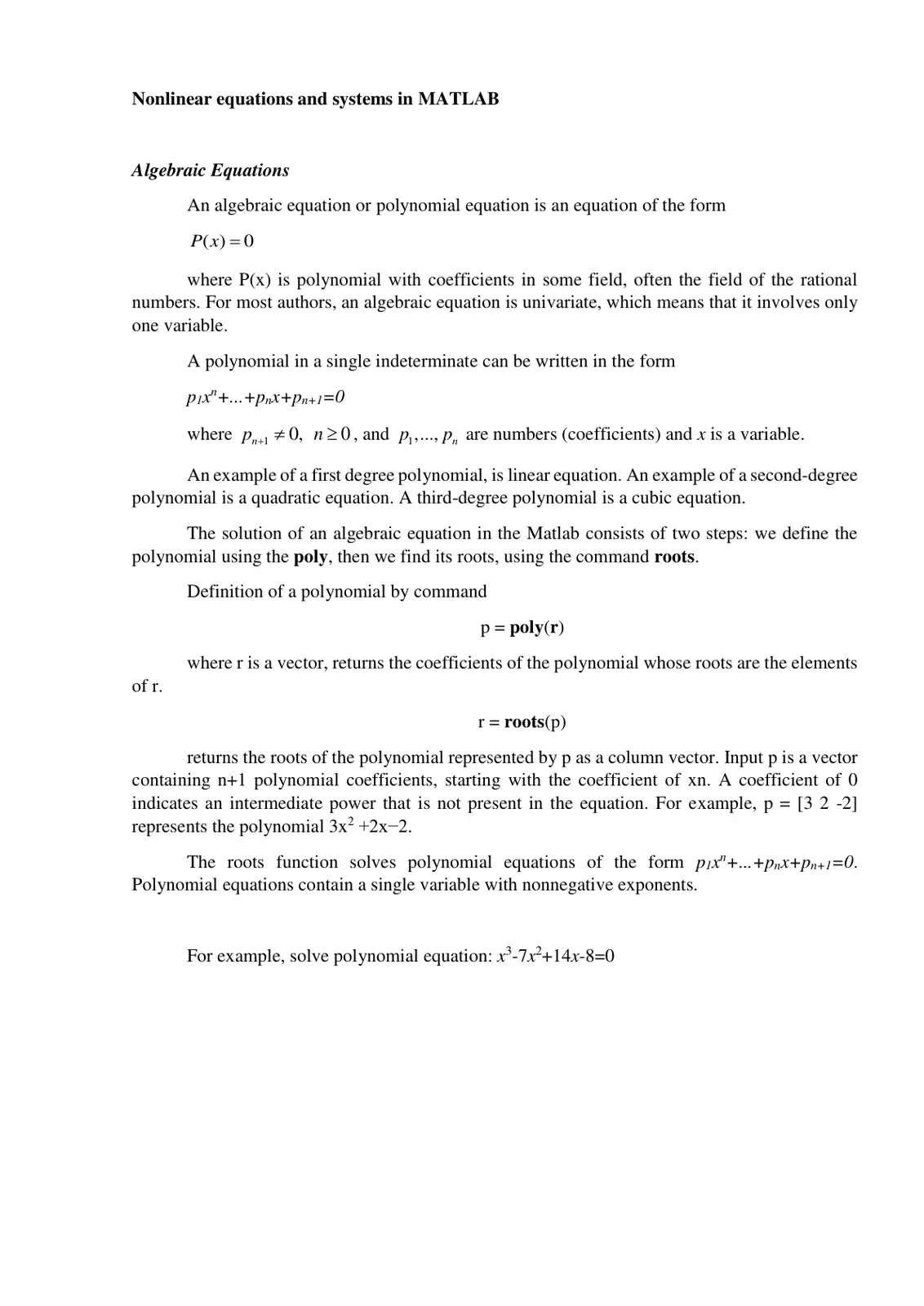 غلاف تقرير Nonlinear Equations and Systems in MATLAB