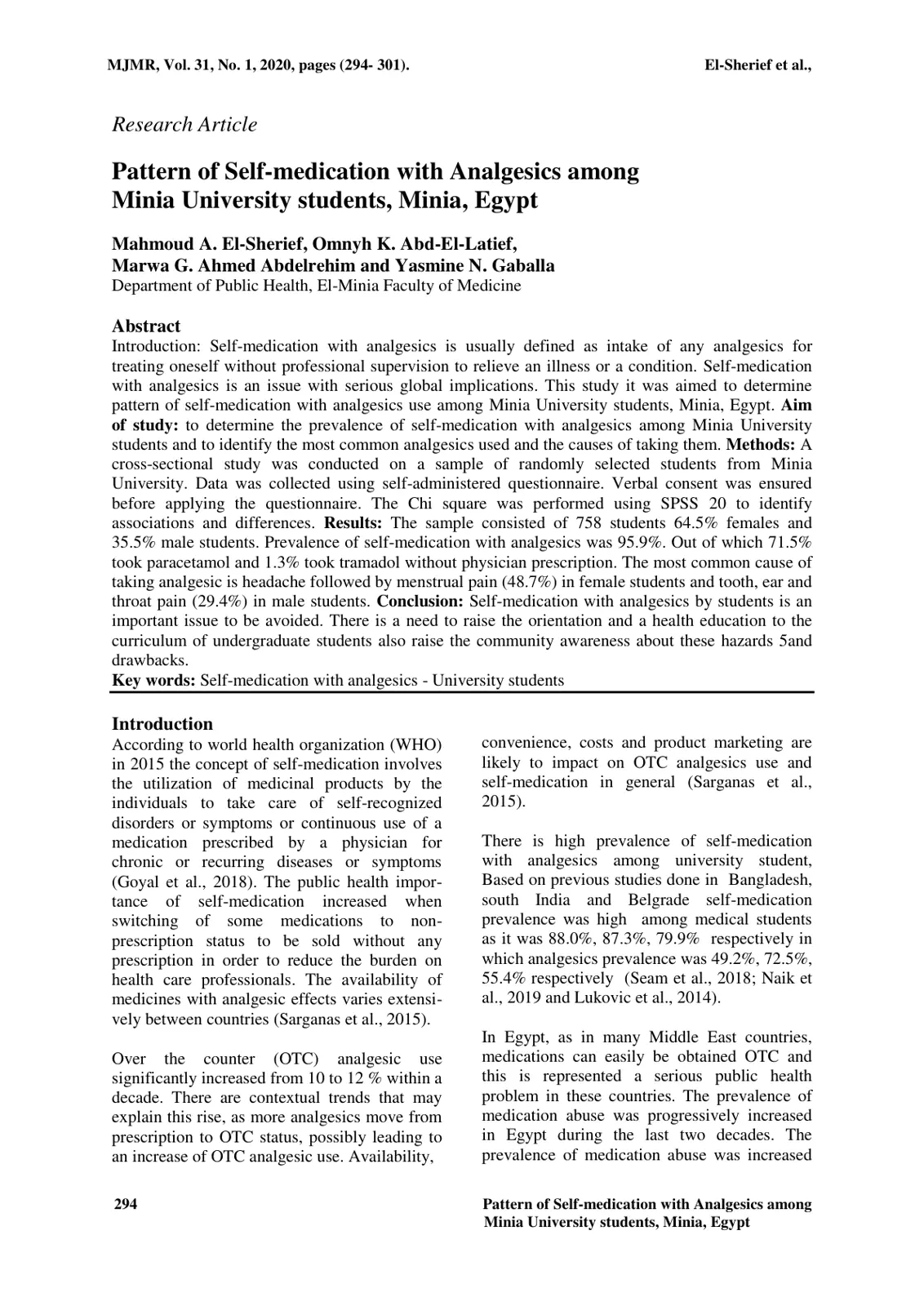 غلاف تقرير Pattern of Self-medication with Analgesics among Minia University students, Minia, Egypt