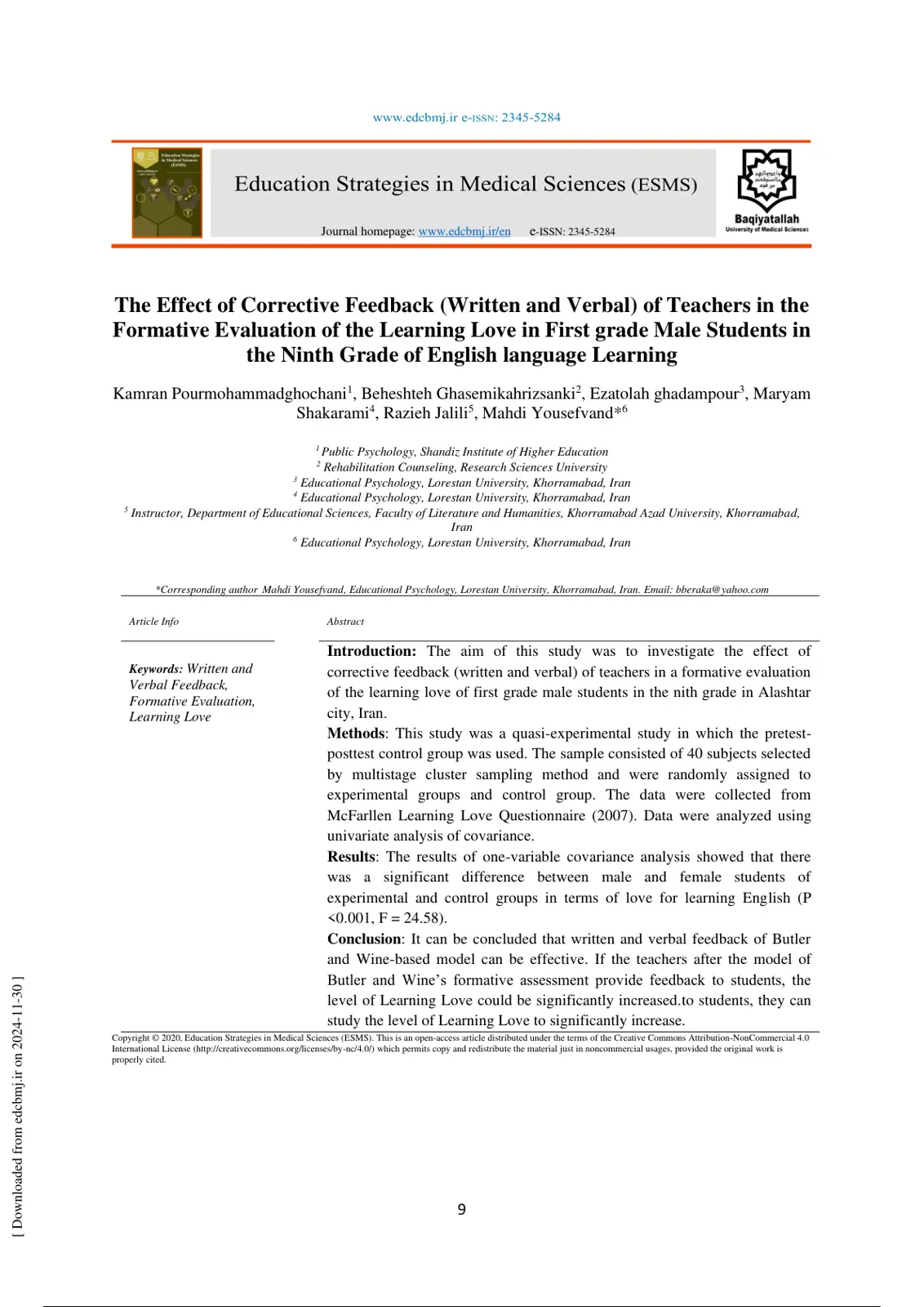 غلاف تقرير The Effect of Corrective Feedback (Written and Verbal) of Teachers in the Formative Evaluation of the Learning Love in First grade Male Students in the Ninth Grade of English Language Learning