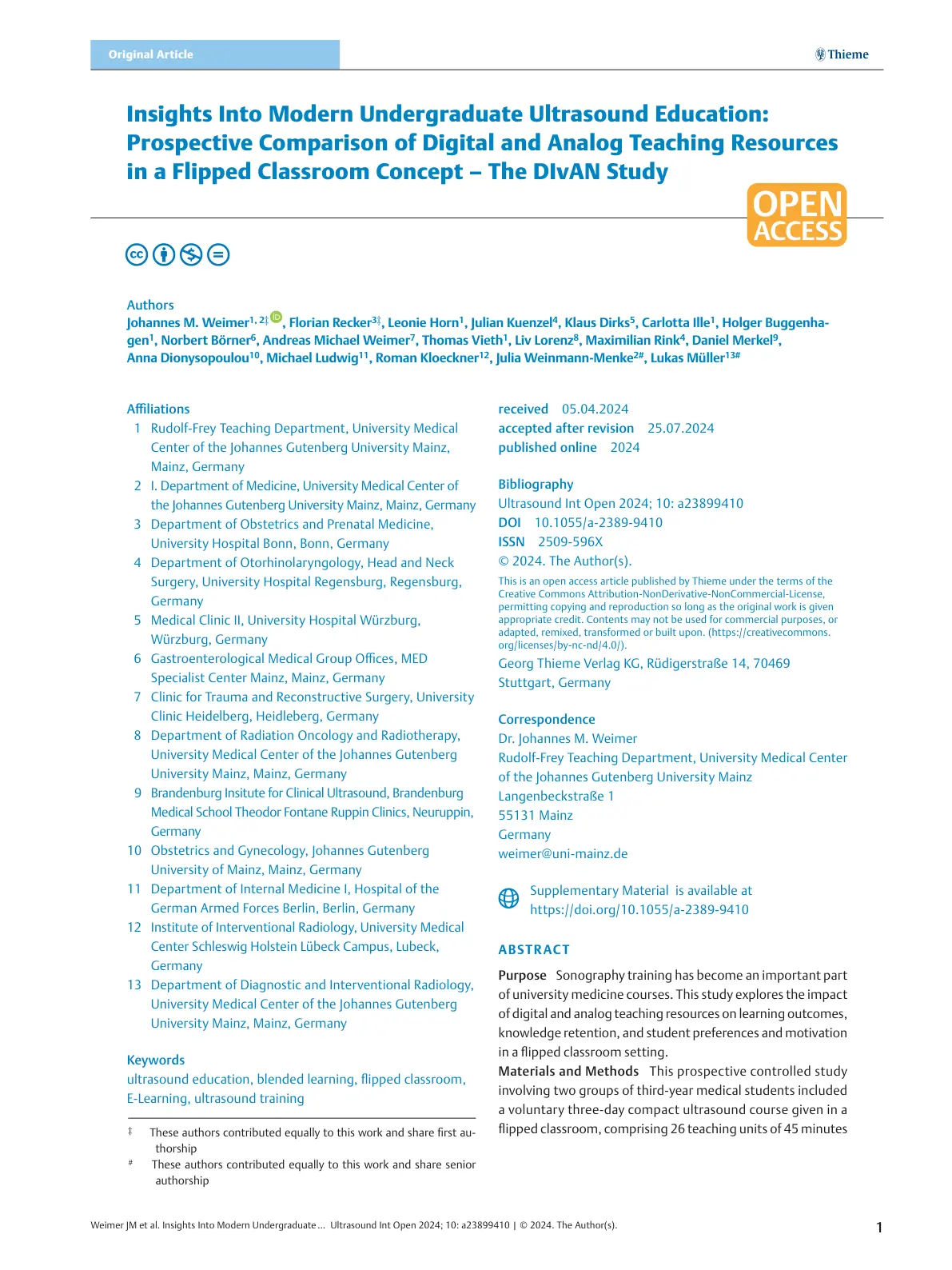 غلاف تقرير Insights Into Modern Undergraduate Ultrasound Education: Prospective Comparison of Digital and Analog Teaching Resources in a Flipped Classroom Concept - The DIVAN Study