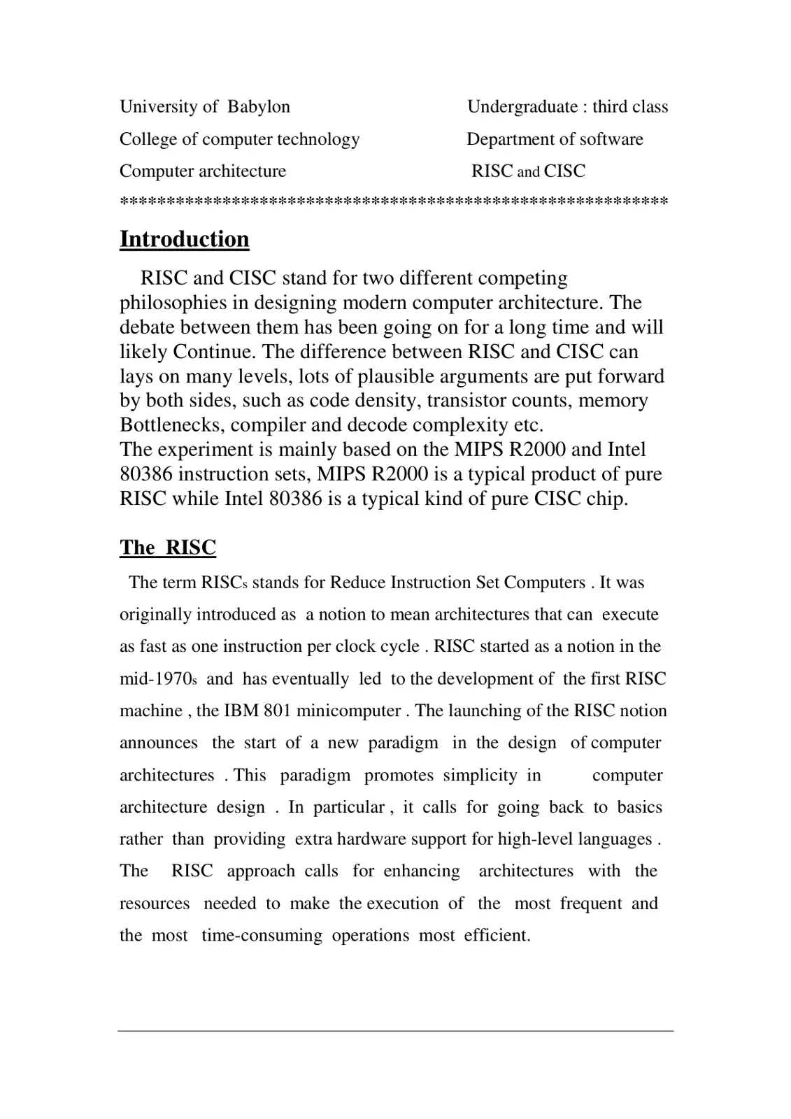 غلاف تقرير RISC and CISC