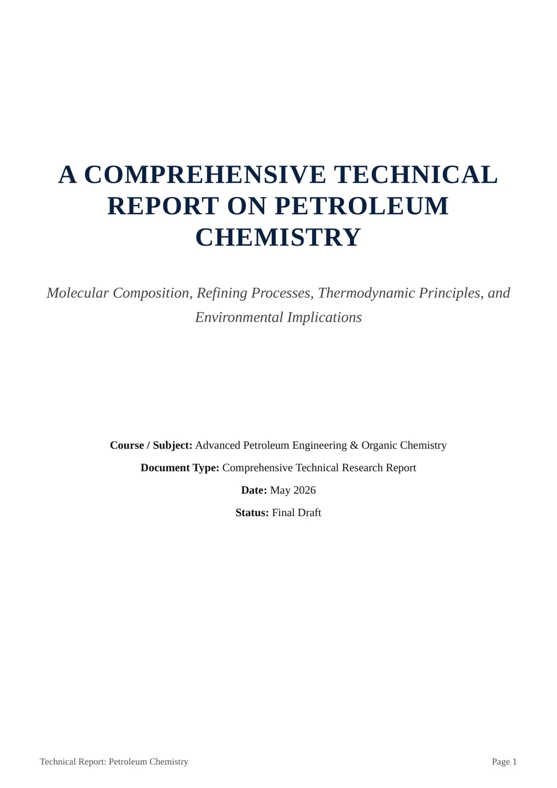 غلاف تقرير A Comprehensive Technical Report on Petroleum Chemistry