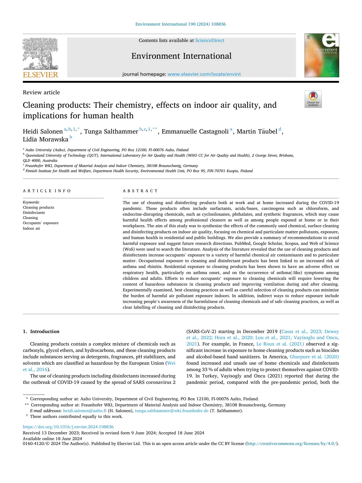 غلاف تقرير Cleaning products: Their chemistry, effects on indoor air quality, and implications for human health