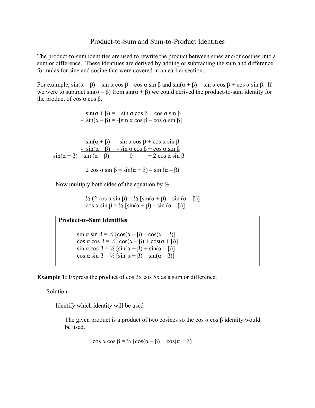 غلاف تقرير Product-to-Sum and Sum-to-Product Identities