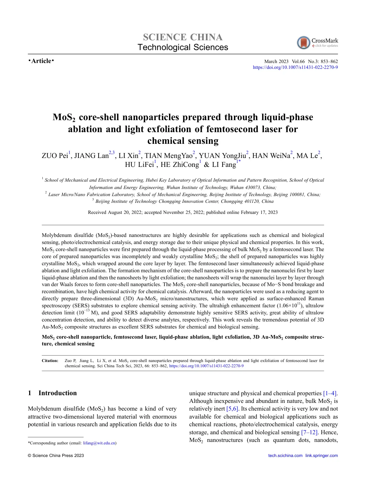 غلاف تقرير MoS2 core-shell nanoparticles prepared through liquid-phase ablation and light exfoliation of femtosecond laser for chemical sensing