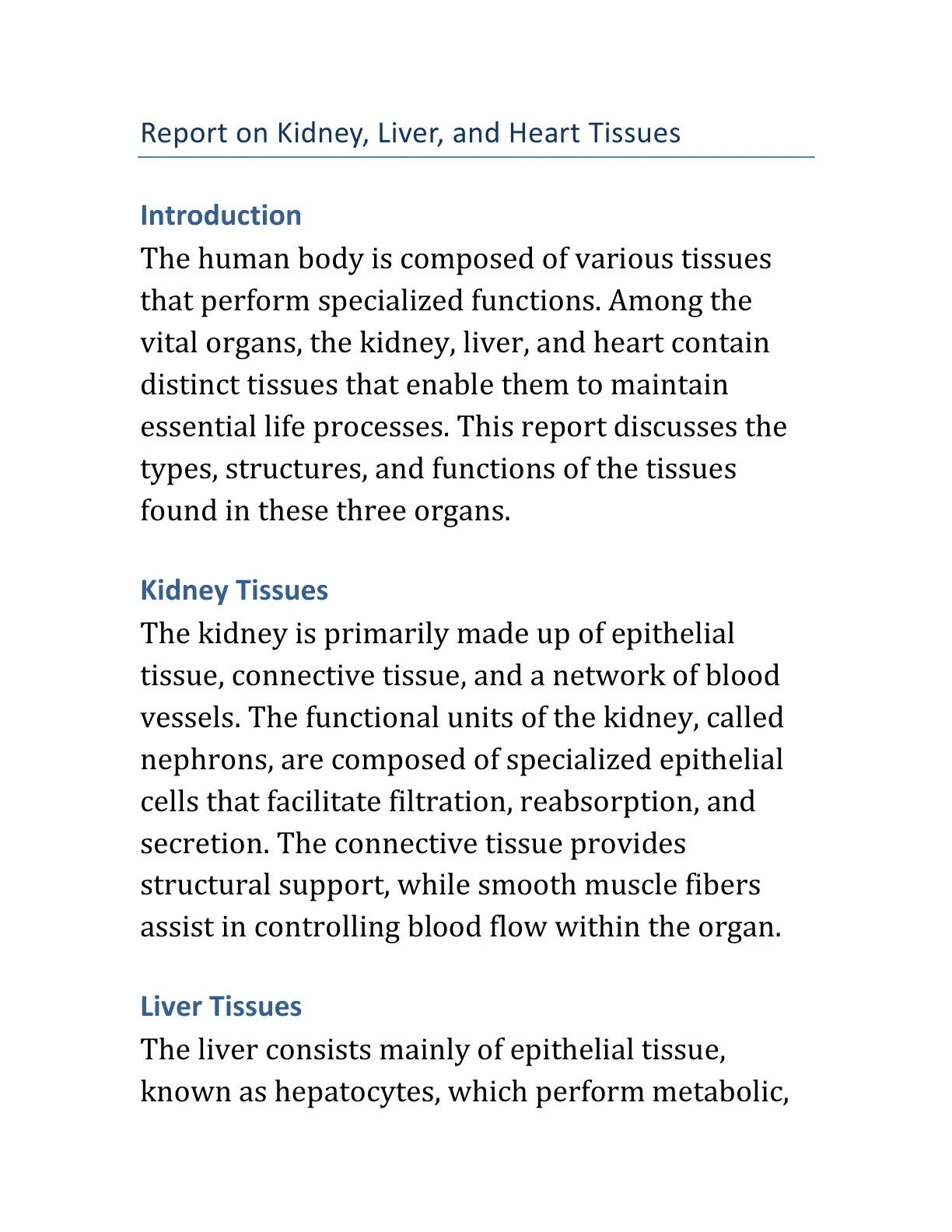غلاف تقرير Report on Kidney, Liver, and Heart Tissues