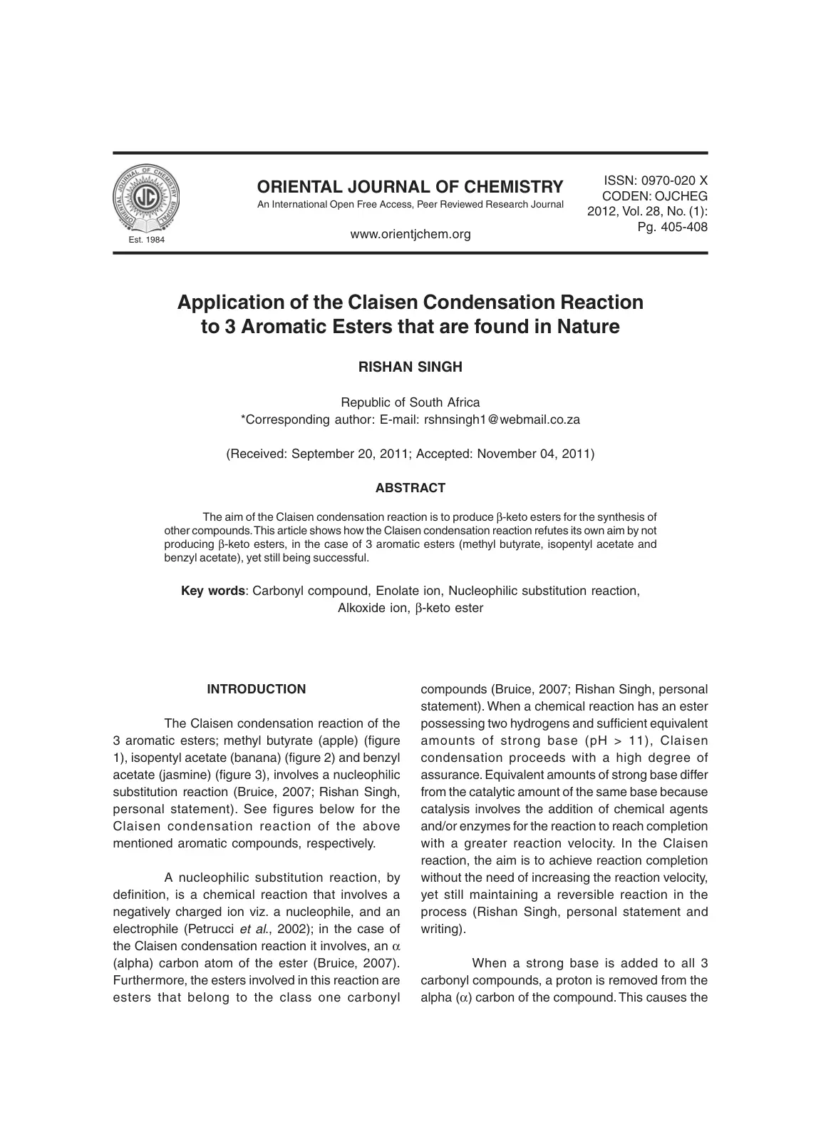 غلاف تقرير Application of the Claisen Condensation Reaction to 3 Aromatic Esters that are found in Nature