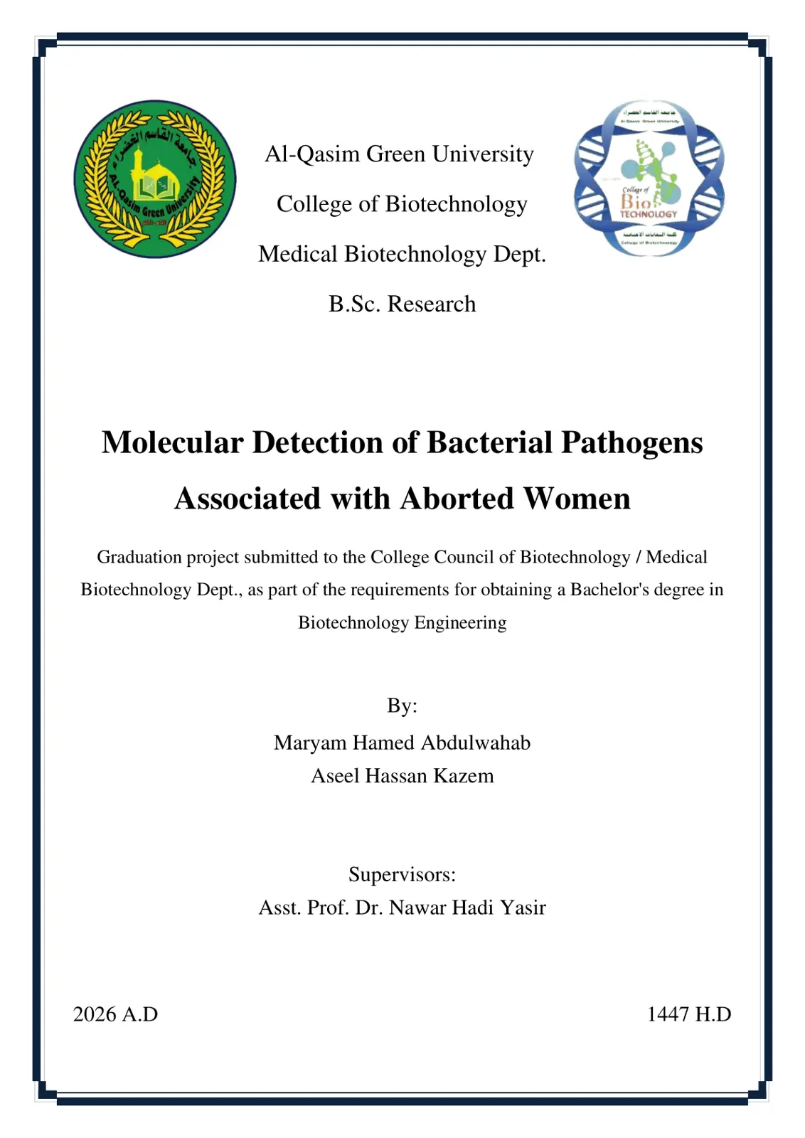 غلاف تقرير Molecular Detection of Bacterial Pathogens Associated with Aborted Women