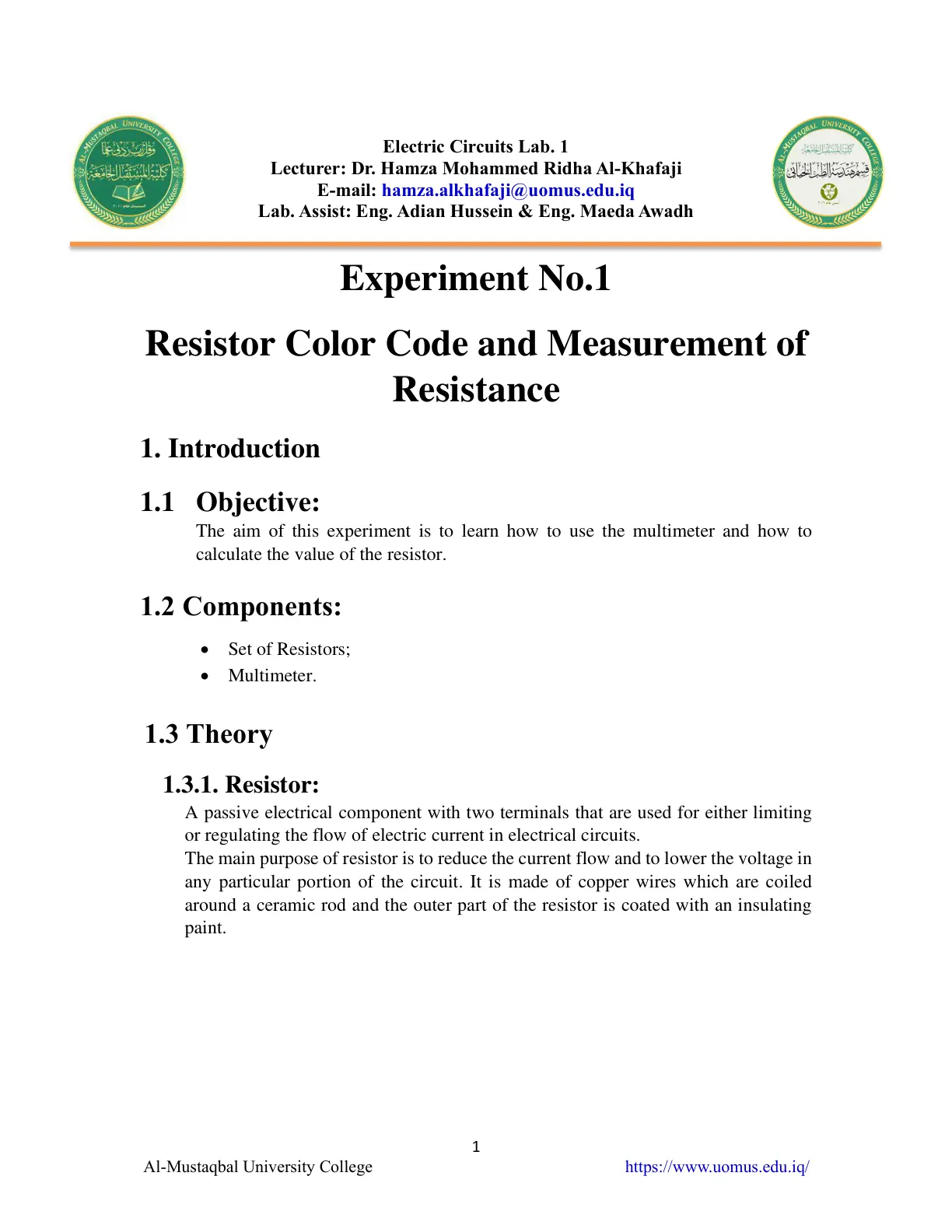 غلاف تقرير Electric Circuits Lab. 1 - Experiment No.1: Resistor Color Code and Measurement of Resistance