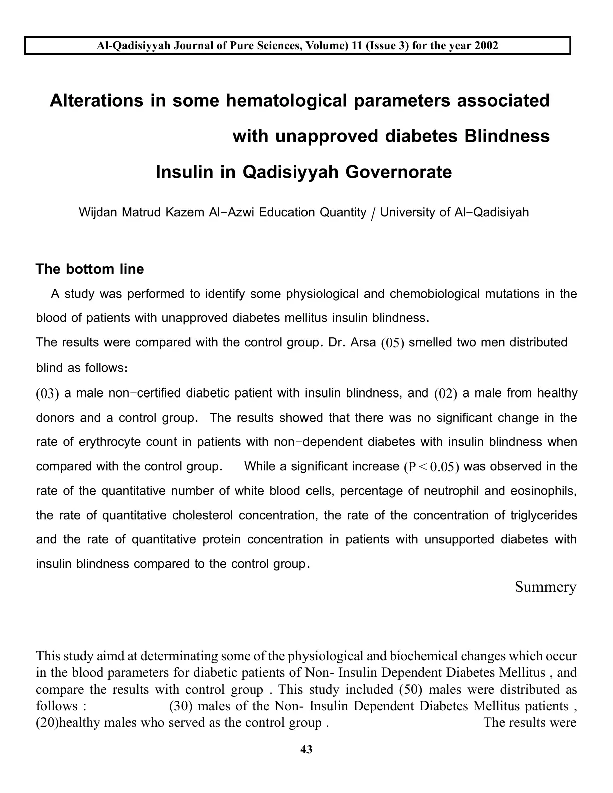 غلاف تقرير Alterations in some hematological parameters associated with unapproved diabetes blindness Insulin in Qadisiyyah Governorate