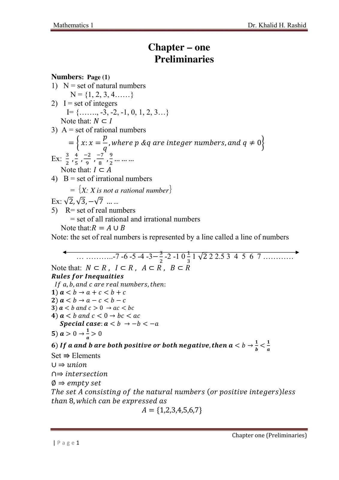 غلاف تقرير Mathematics 1 Chapter - one Preliminaries Numbers
