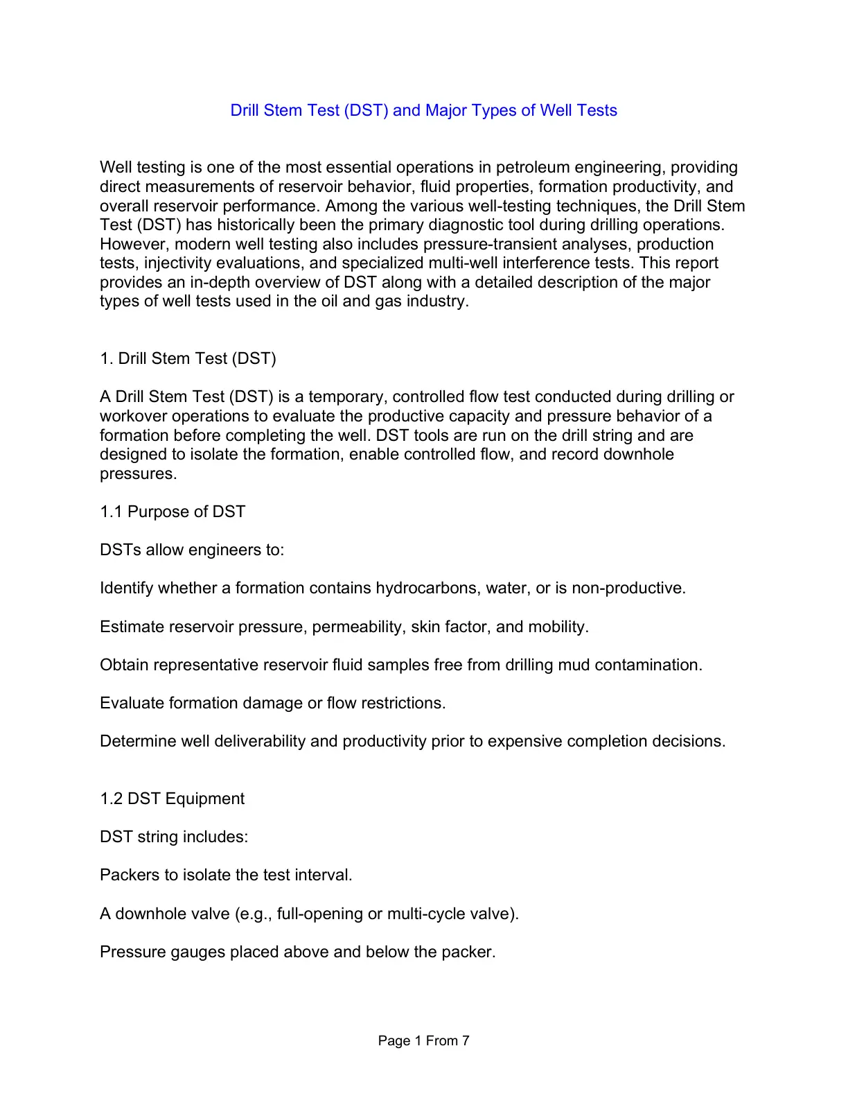 غلاف تقرير Drill Stem Test (DST) and Major Types of Well Tests