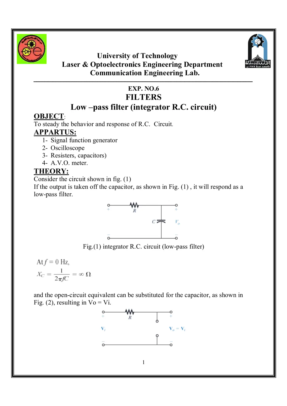 غلاف تقرير Communication Engineering Lab. EXP. NO.6: Low-pass filter (integrator R.C. circuit)
