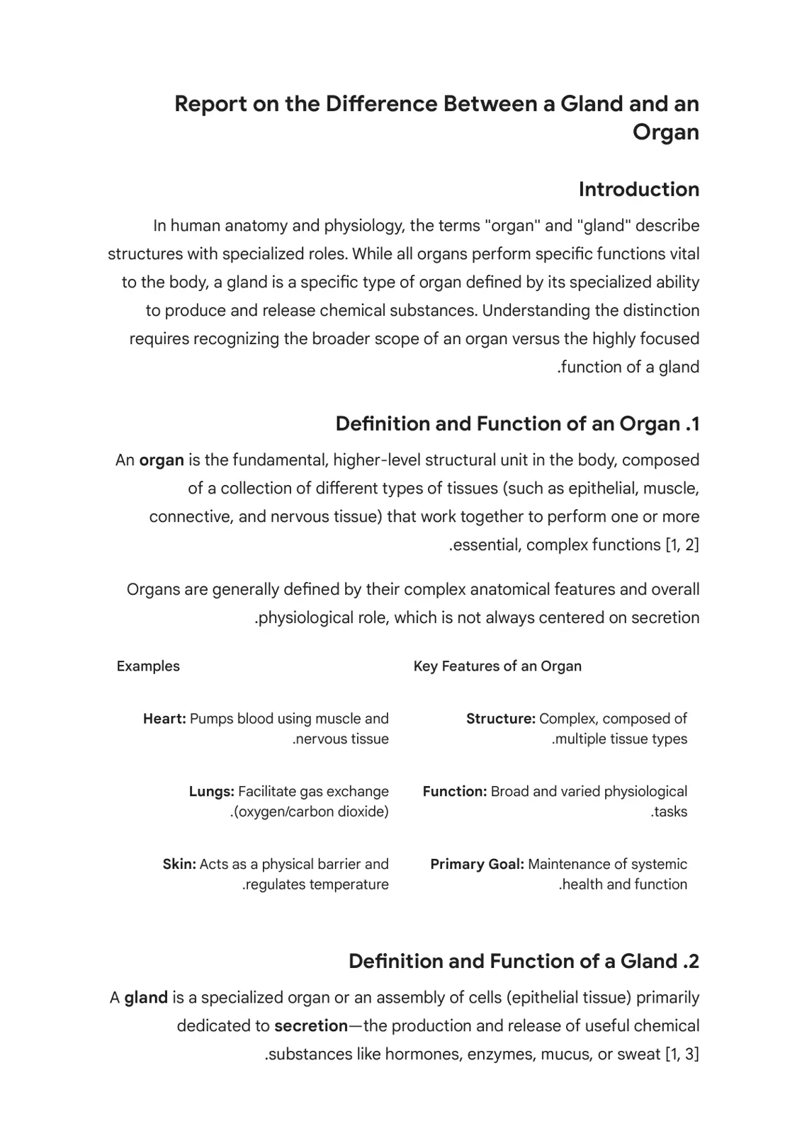 غلاف تقرير Report on the Difference Between a Gland and an Organ