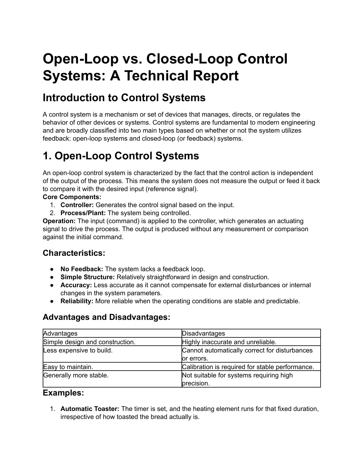 غلاف تقرير Open-Loop vs. Closed-Loop Control Systems: A Technical Report