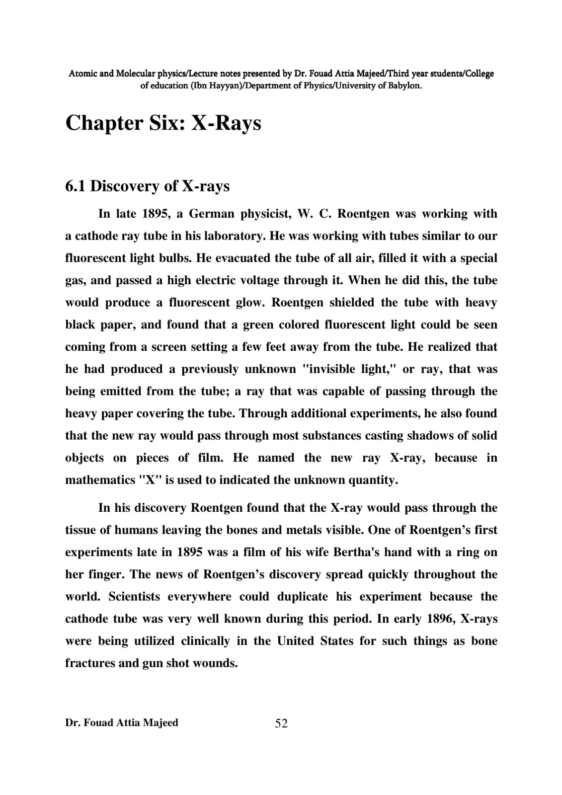 غلاف تقرير Atomic and Molecular physics/Chapter Six: X-Rays