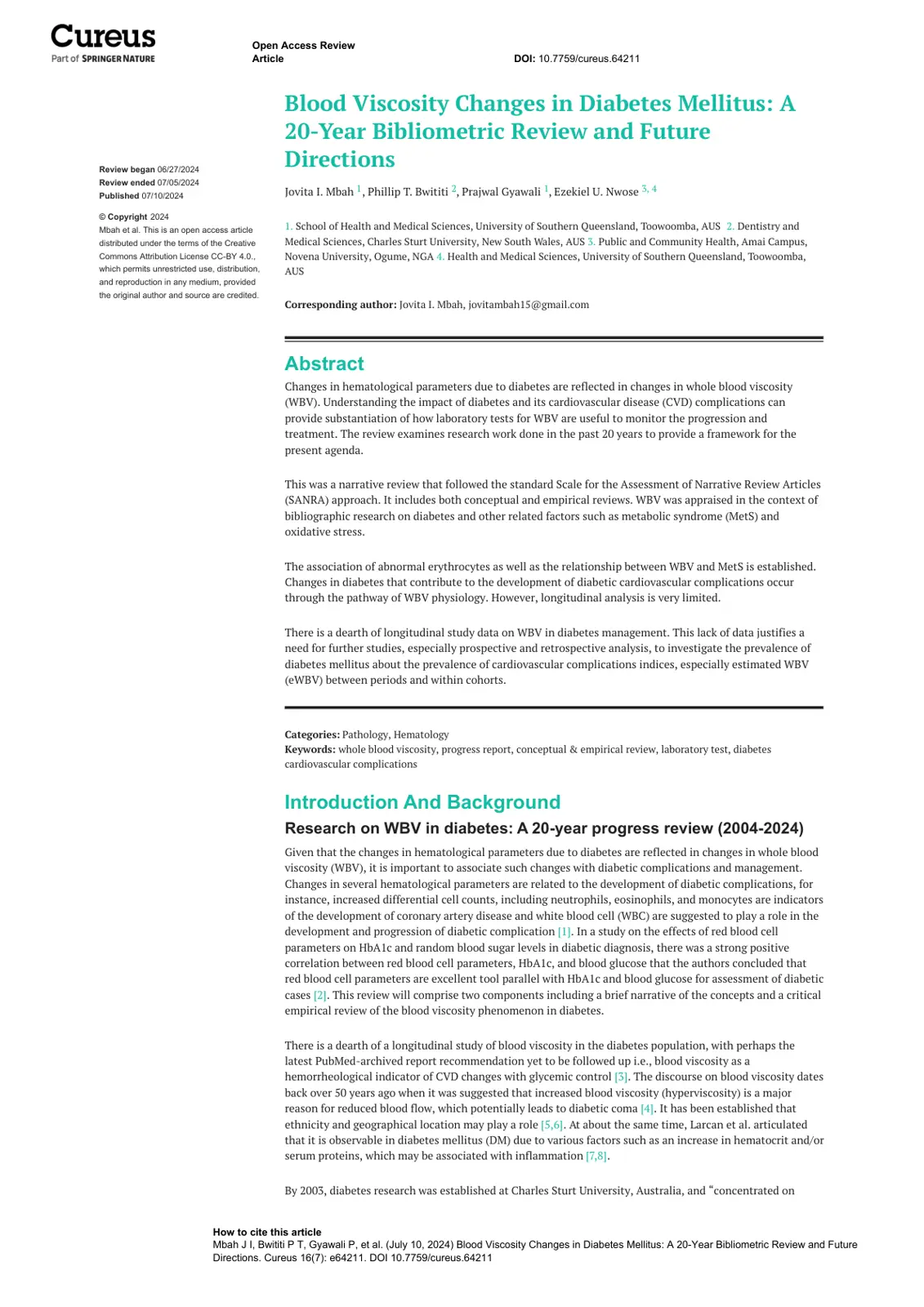 غلاف تقرير Blood Viscosity Changes in Diabetes Mellitus: A 20-Year Bibliometric Review and Future Directions