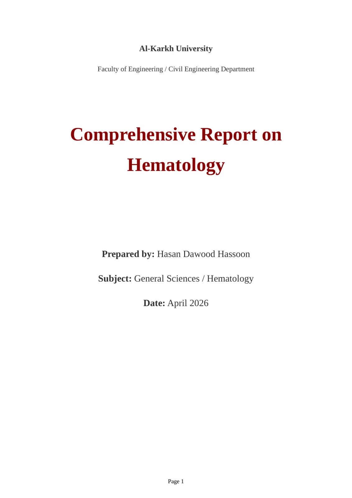 غلاف تقرير Comprehensive Report on Hematology