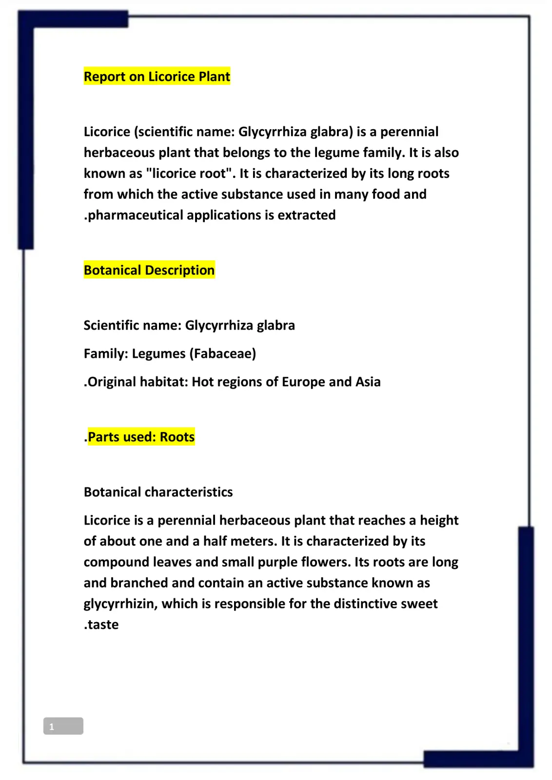 غلاف تقرير Report on Licorice Plant