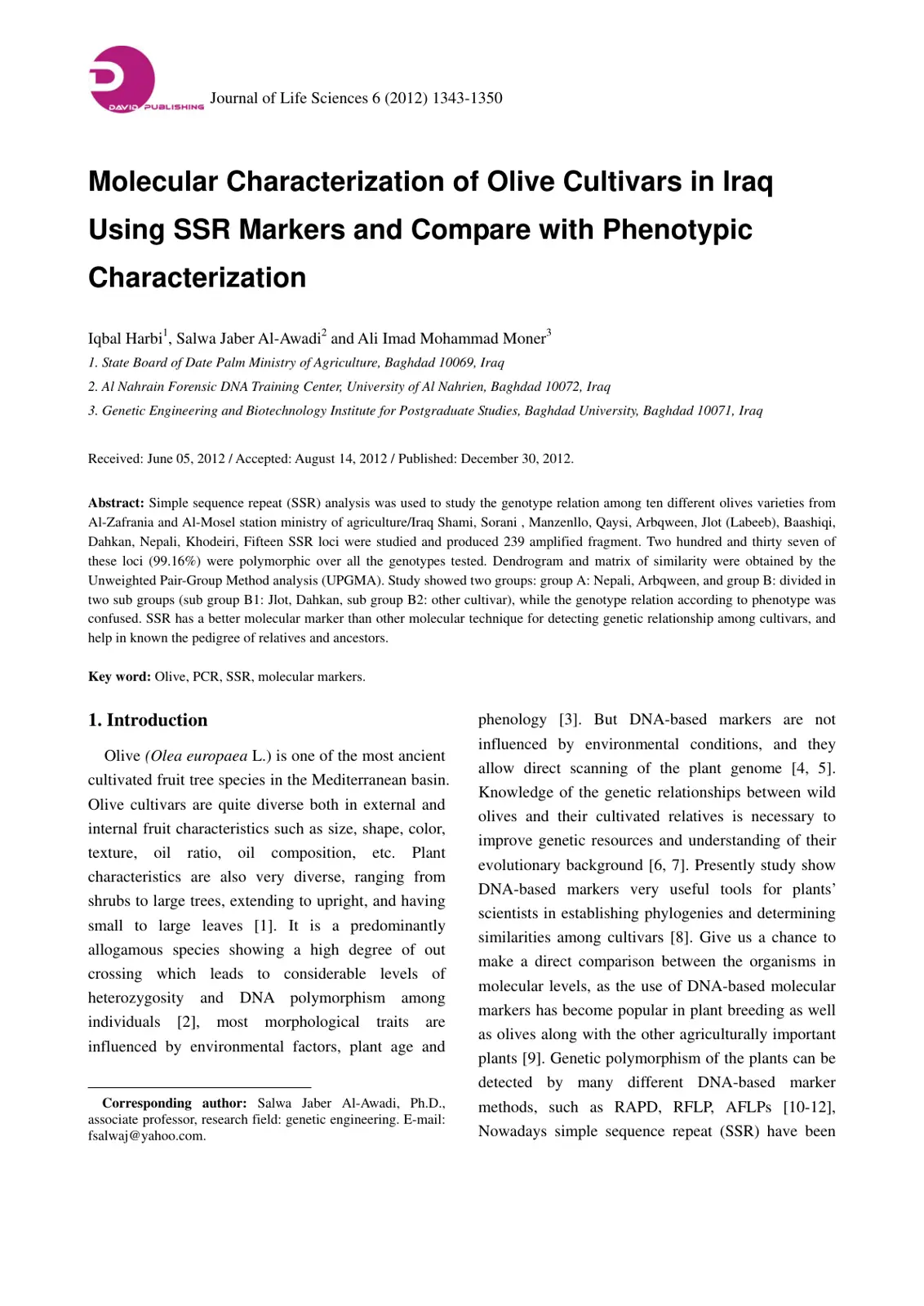 غلاف تقرير Molecular Characterization of Olive Cultivars in Iraq Using SSR Markers