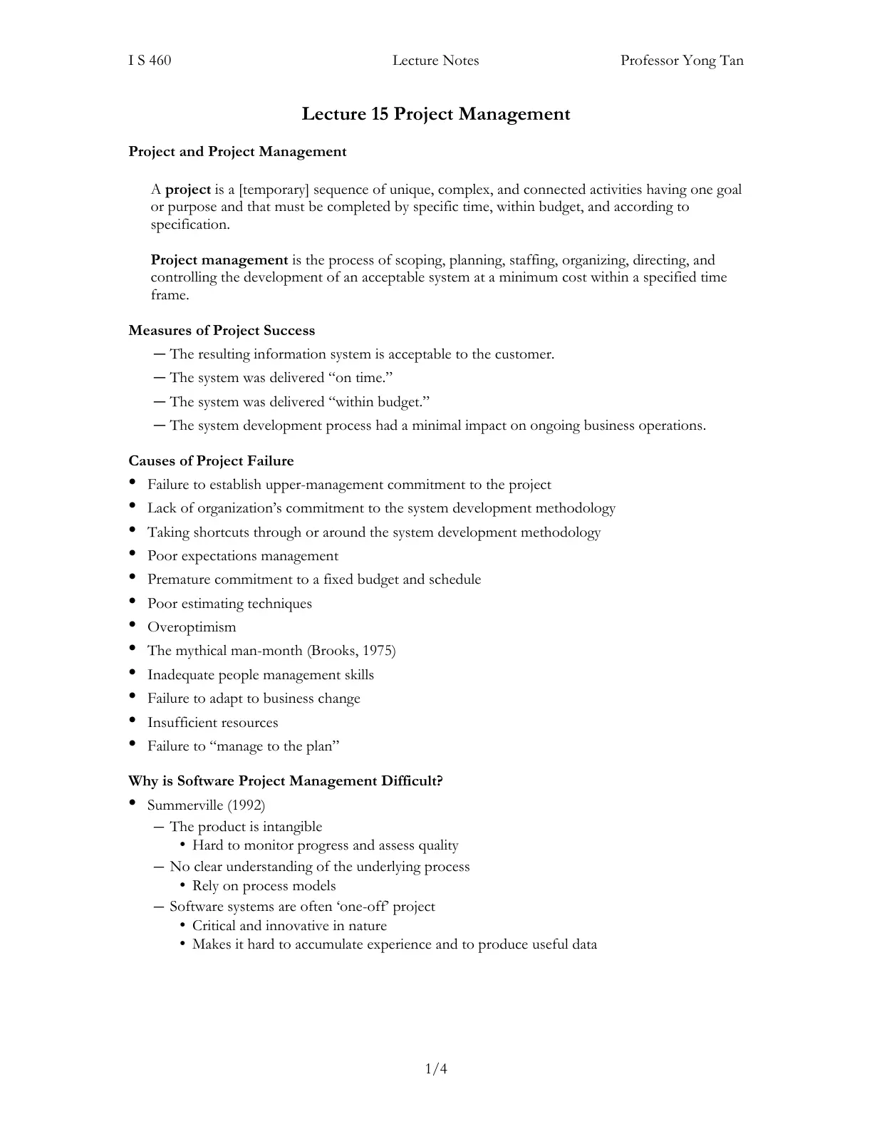 غلاف تقرير IS 460 Lecture Notes: Project Management