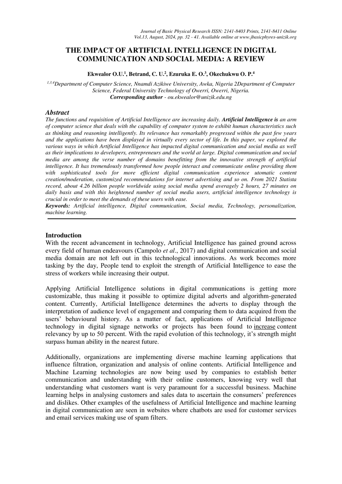 غلاف تقرير THE IMPACT OF ARTIFICIAL INTELLIGENCE IN DIGITAL COMMUNICATION AND SOCIAL MEDIA: A REVIEW