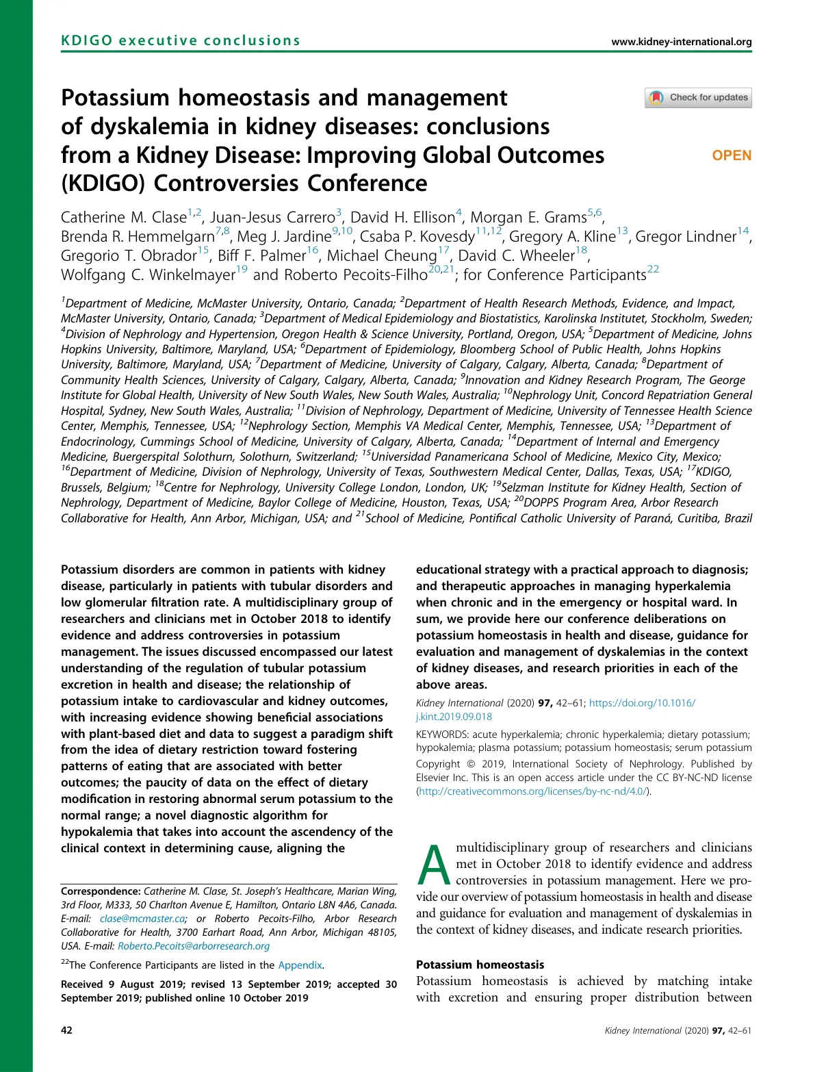 غلاف تقرير Potassium homeostasis and management of dyskalemia in kidney diseases: conclusions from a Kidney Disease: Improving Global Outcomes (KDIGO) Controversies Conference