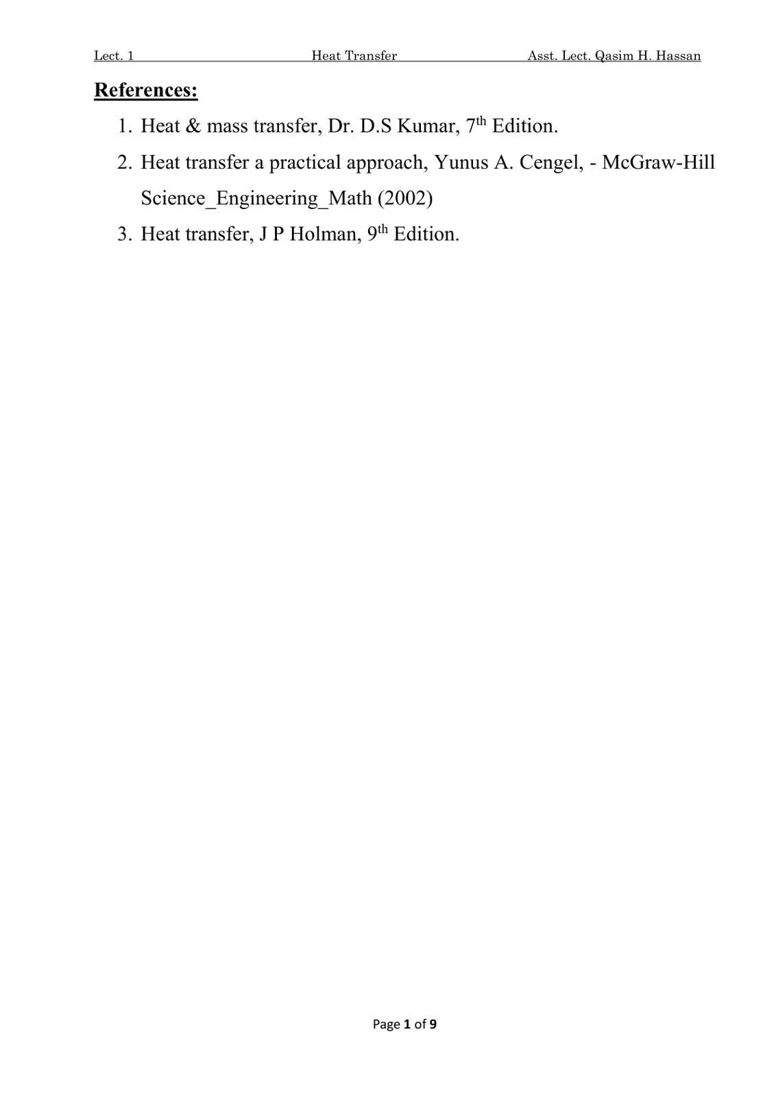 غلاف تقرير Heat Transfer - Lect. 1