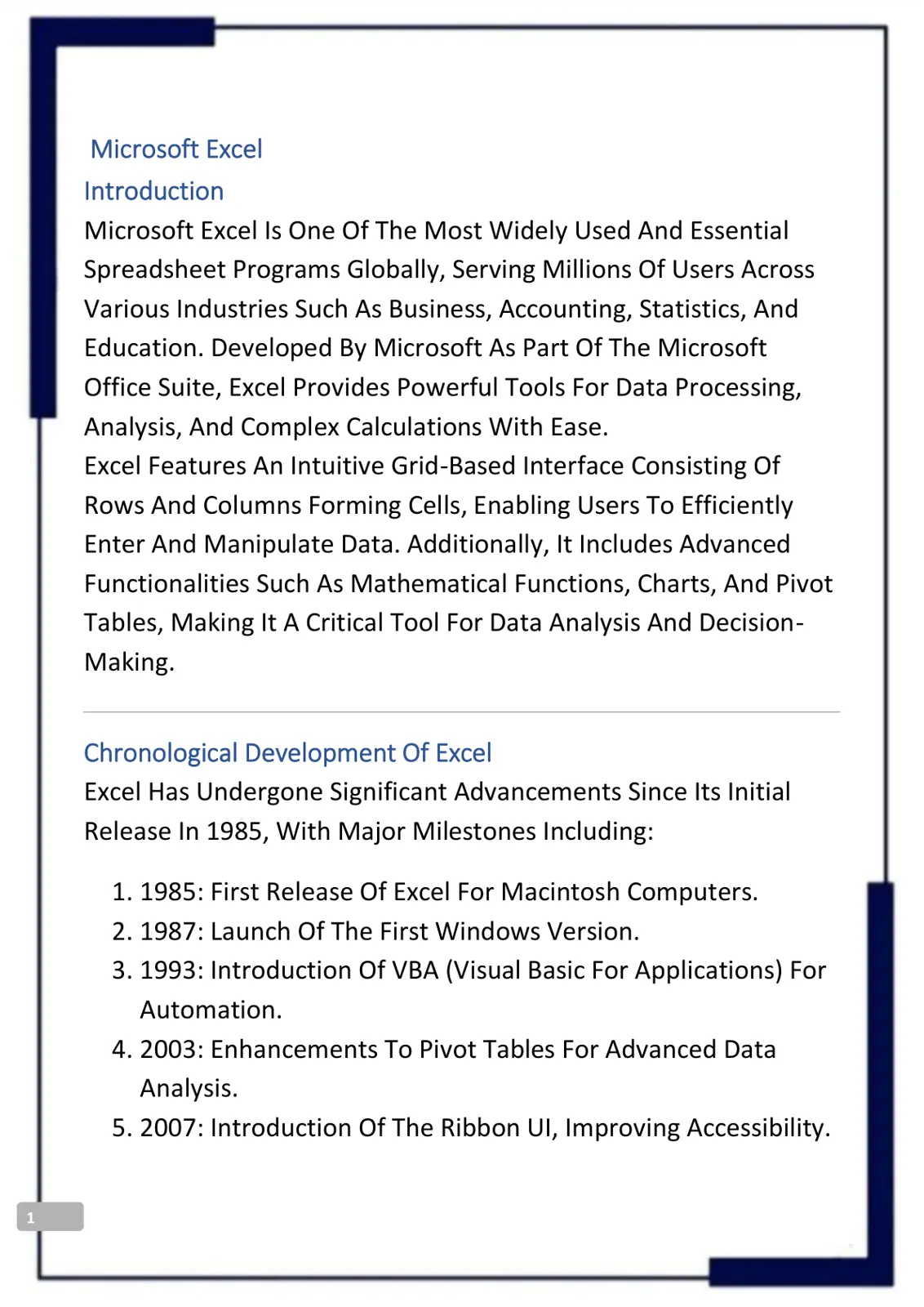 غلاف تقرير Microsoft Excel Introduction