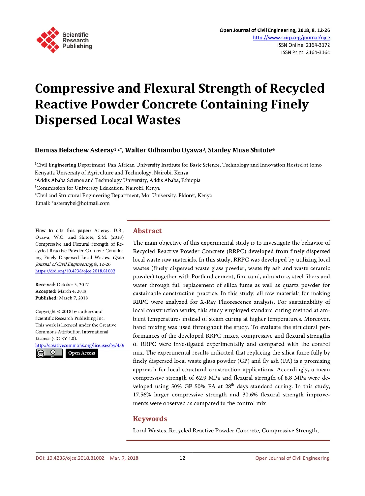 غلاف تقرير Compressive and Flexural Strength of Recycled Reactive Powder Concrete Containing Finely Dispersed Local Wastes