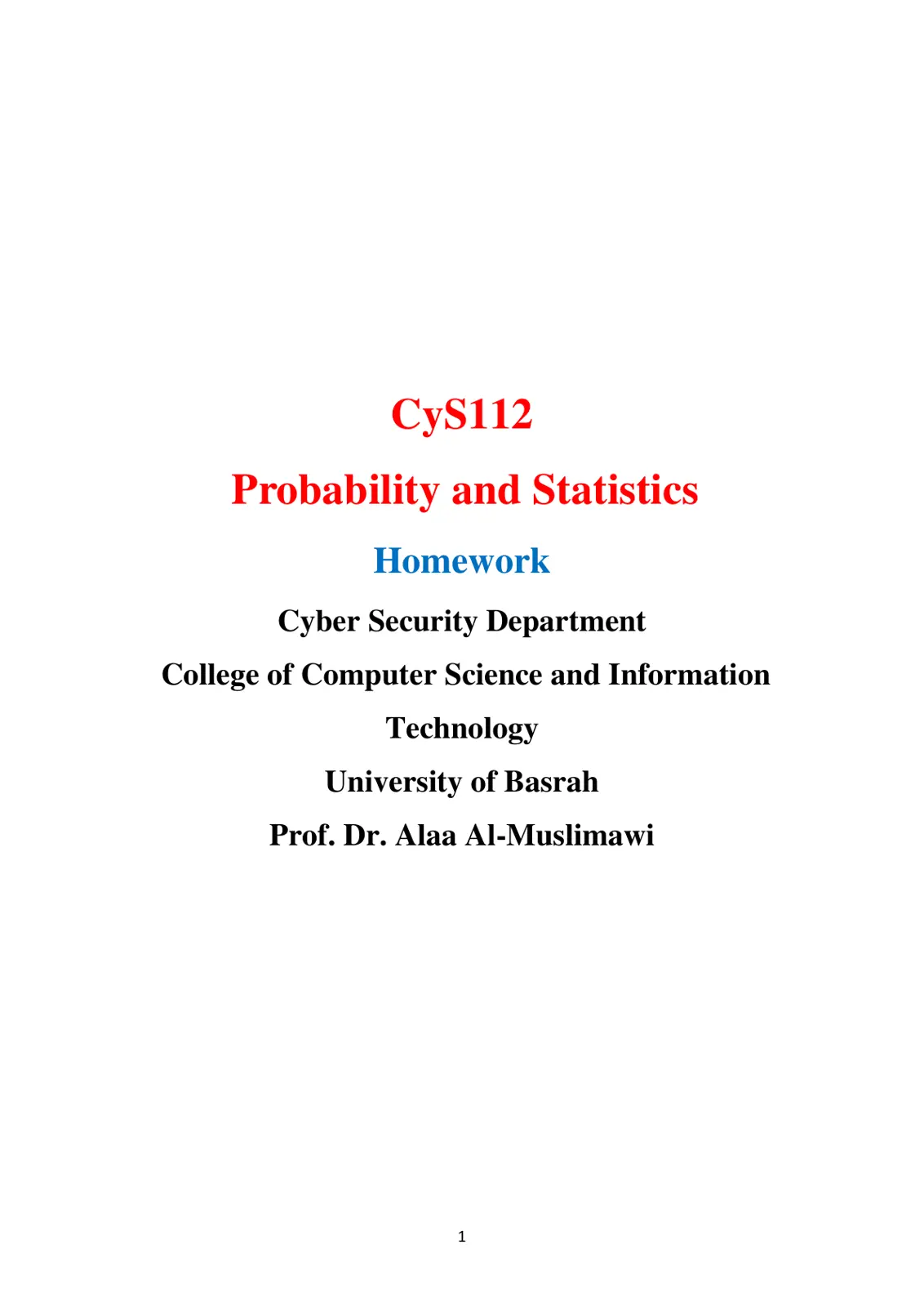 غلاف تقرير CyS112 - Probability and Statistics Homework