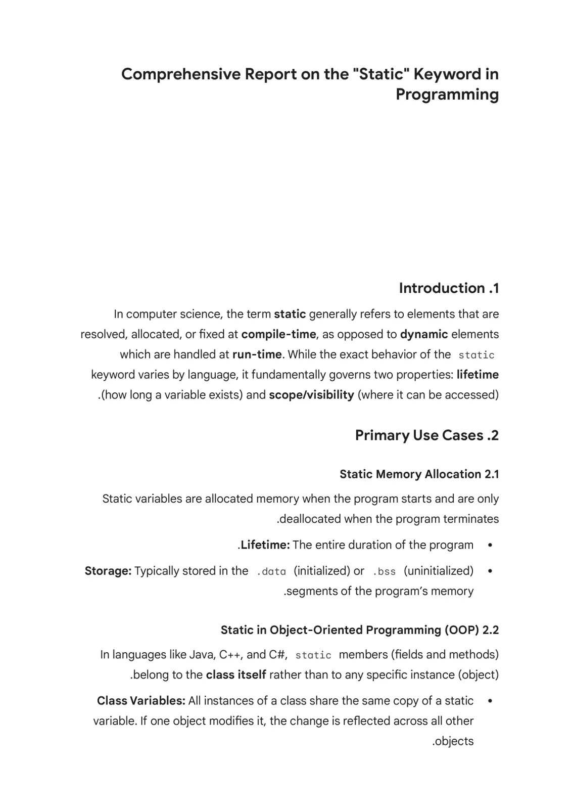 غلاف تقرير Comprehensive Report on the "Static" Keyword in Programming