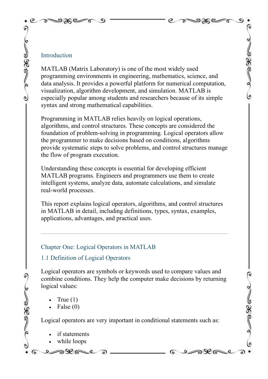 غلاف تقرير Introduction to MATLAB Programming
