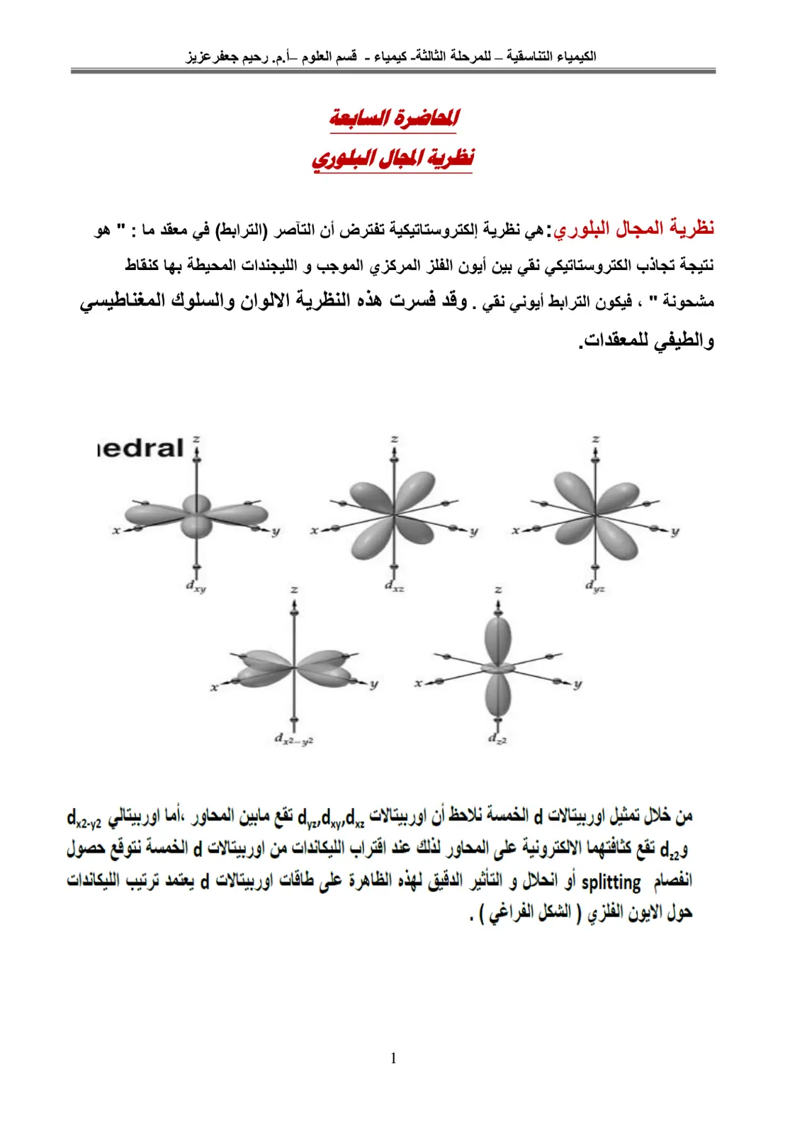 غلاف تقرير الكيمياء التناسقية - نظرية المجال البلوري