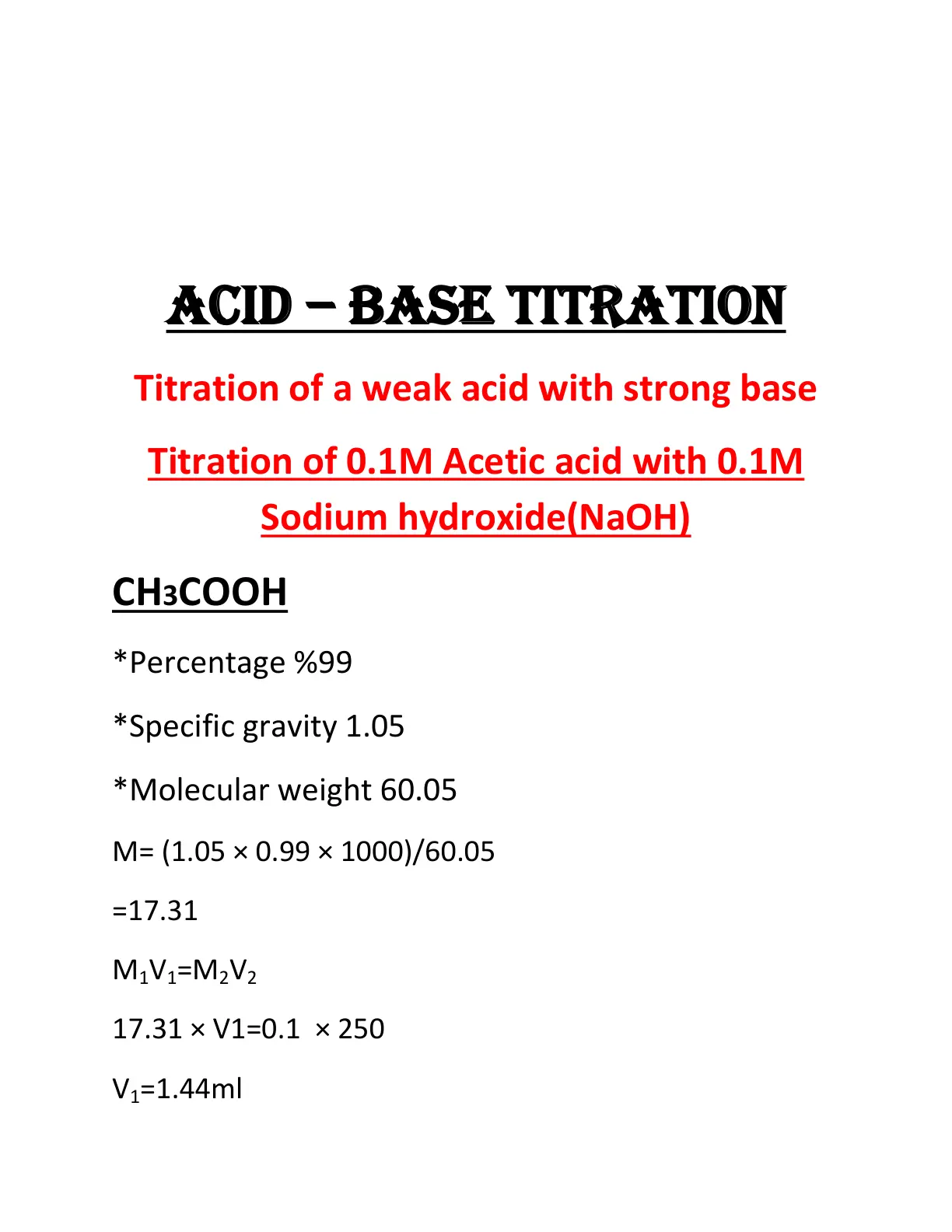 غلاف تقرير Acid-Base Titration: Titration of Weak Acid with Strong Base