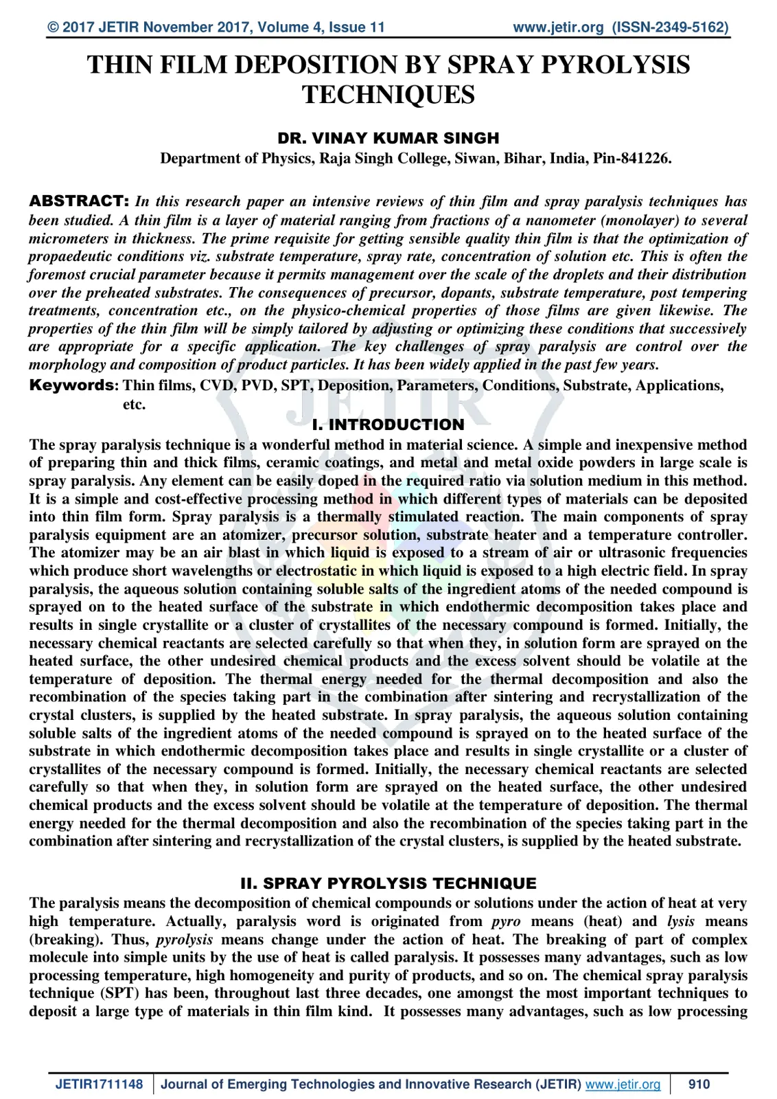 غلاف تقرير THIN FILM DEPOSITION BY SPRAY PYROLYSIS TECHNIQUES