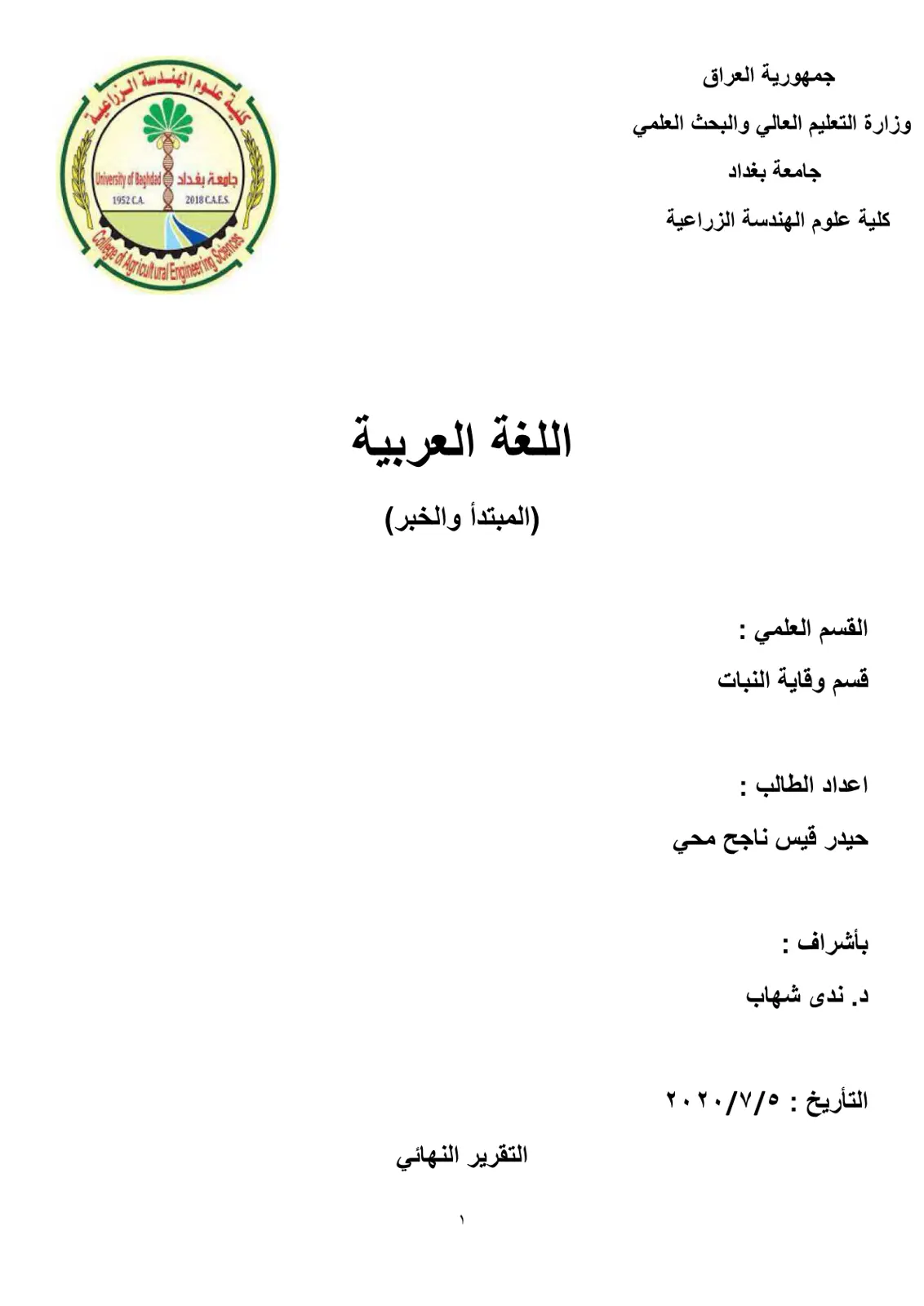 غلاف تقرير اللغة العربية (المبتدأ والخبر)