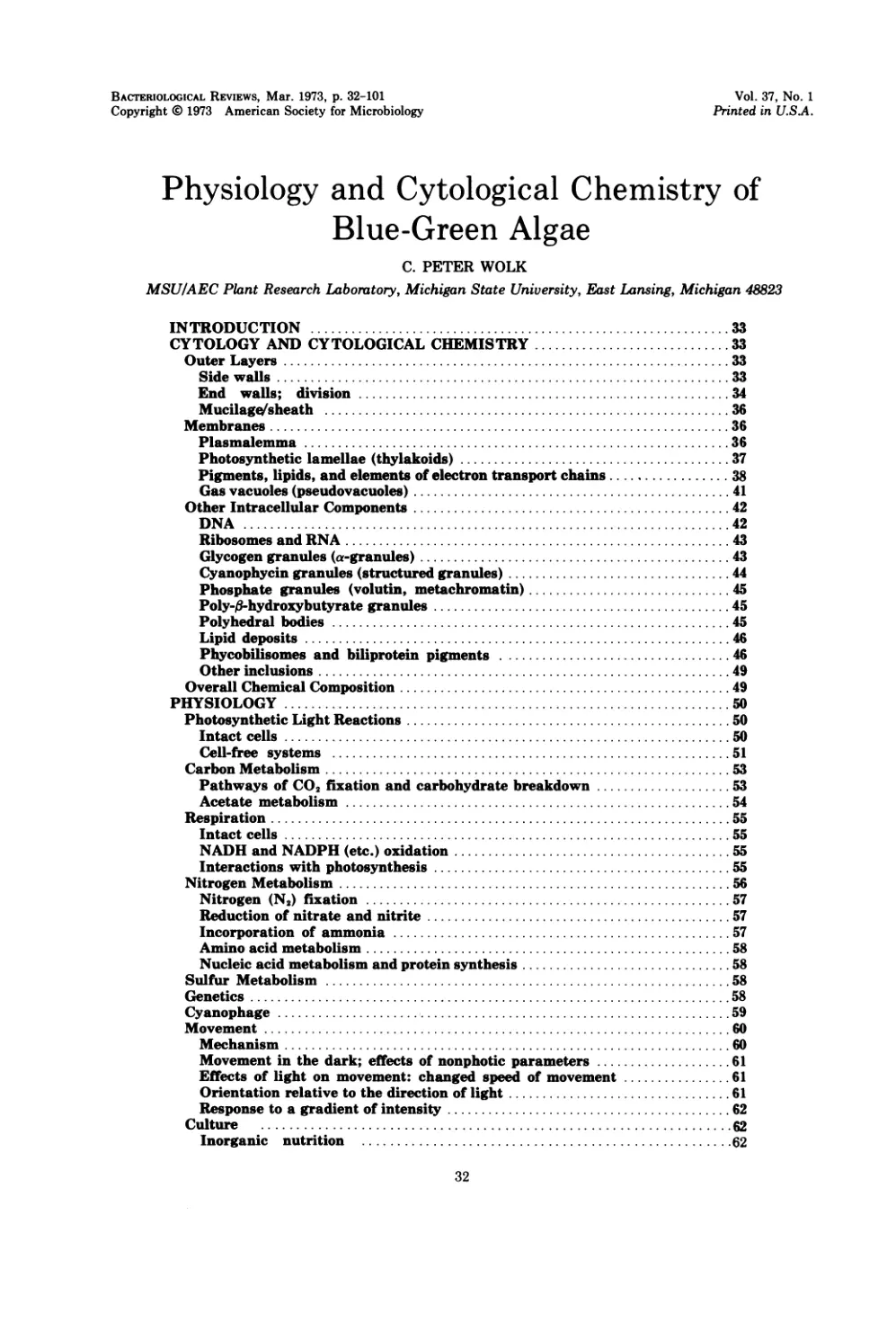 غلاف تقرير Physiology and Cytological Chemistry of Blue-Green Algae