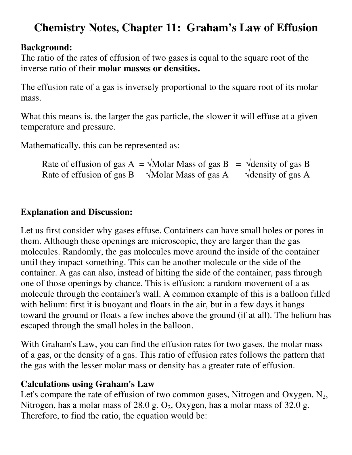غلاف تقرير Chemistry Notes, Chapter 11: Graham's Law of Effusion