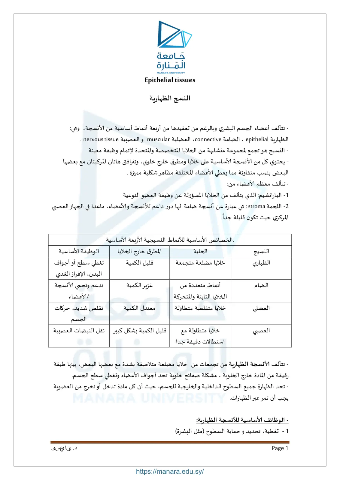 غلاف تقرير Epithelial Tissues - النسج الظهارية